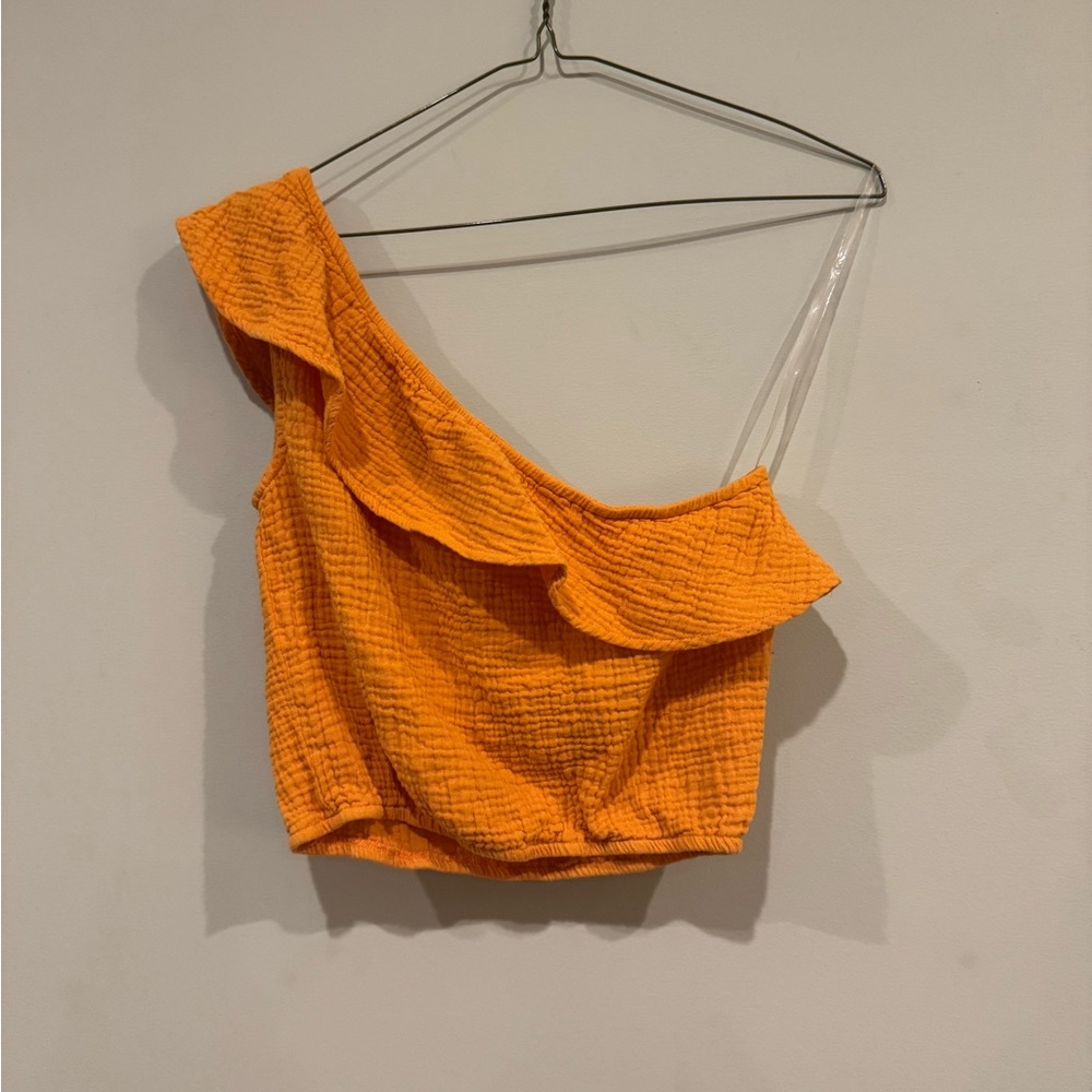Rewind Orange Textured One-Shoulder Crop Top